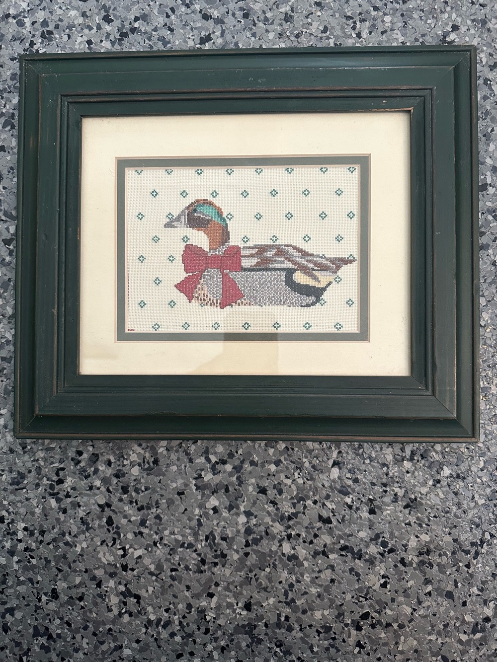 Needlepoint Mallard Ducks Framed Matted Wall Art Green Wood Frame Krewel Cottage